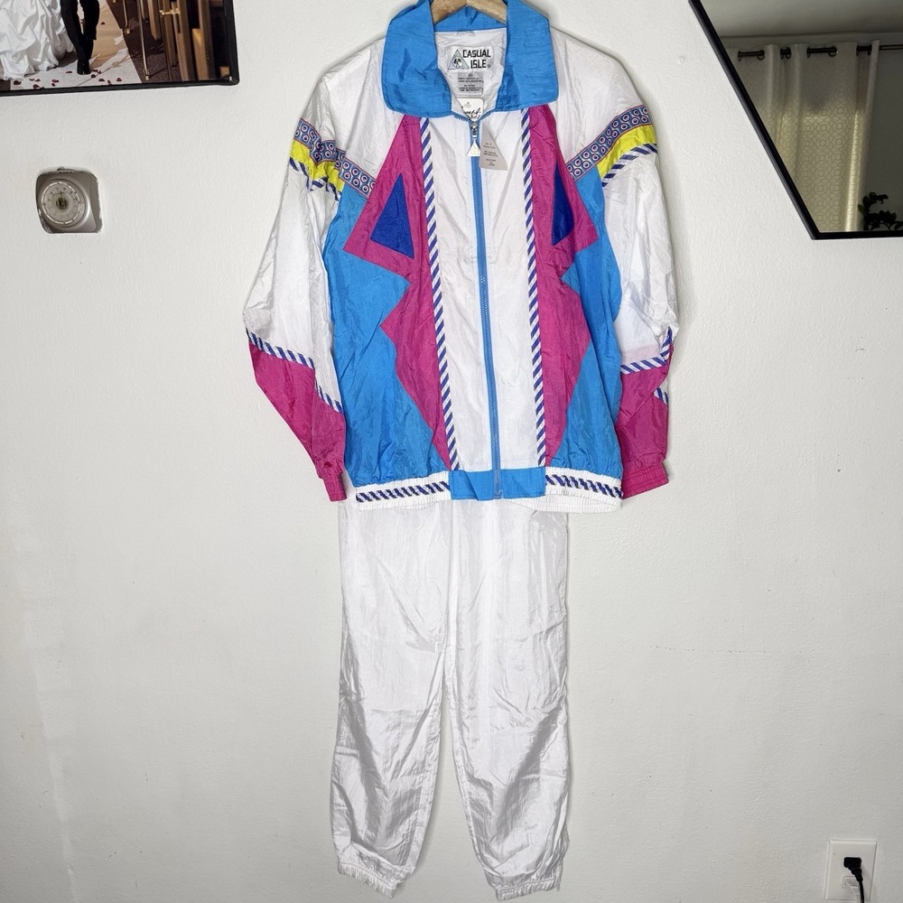 New Vintage Casual Isle Color block Nylon‎ Tracksuit 80s Retro Womens Medium